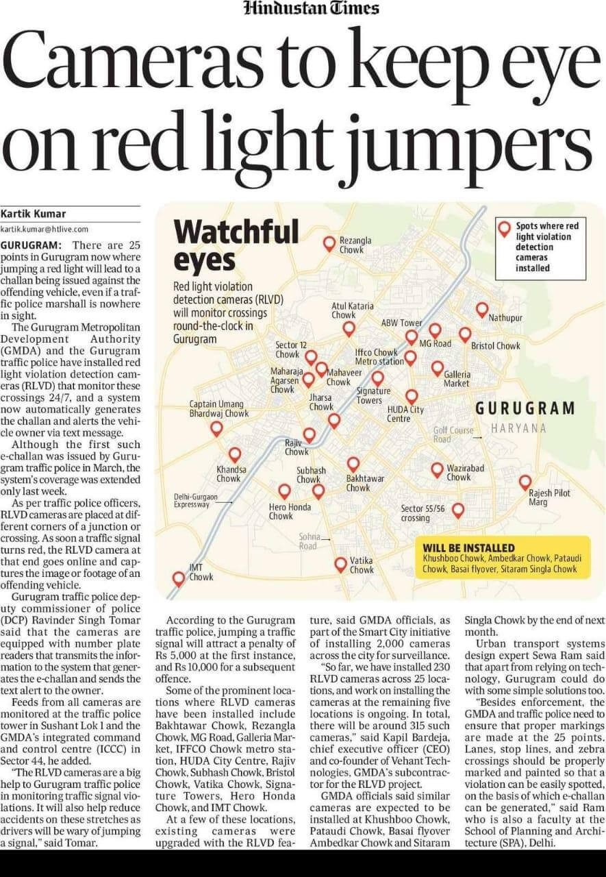 Hindustan Times- Cameras to Keep Eye on Red Light Jumpers
